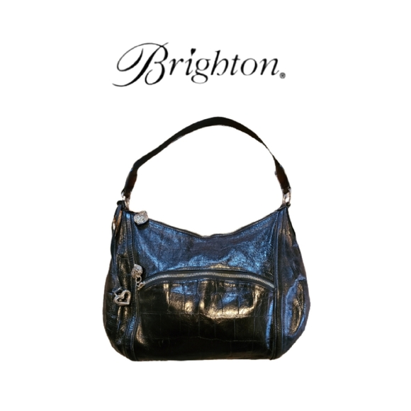 BRIGHTON BLACK EMBOSSED MOCK CROC HOBO BAG - Picture 1 of 7